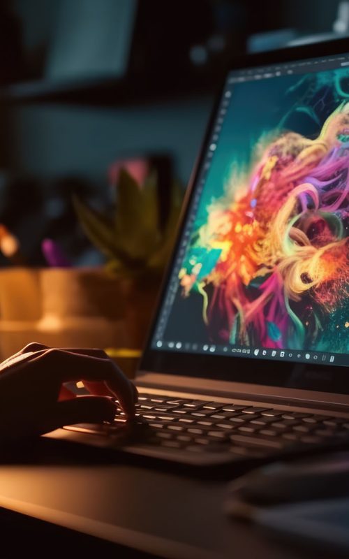 Graphic designer work on computer laptop and with graphic drawin Graphic designer work on computer laptop and with graphic drawing pen. Generative AI